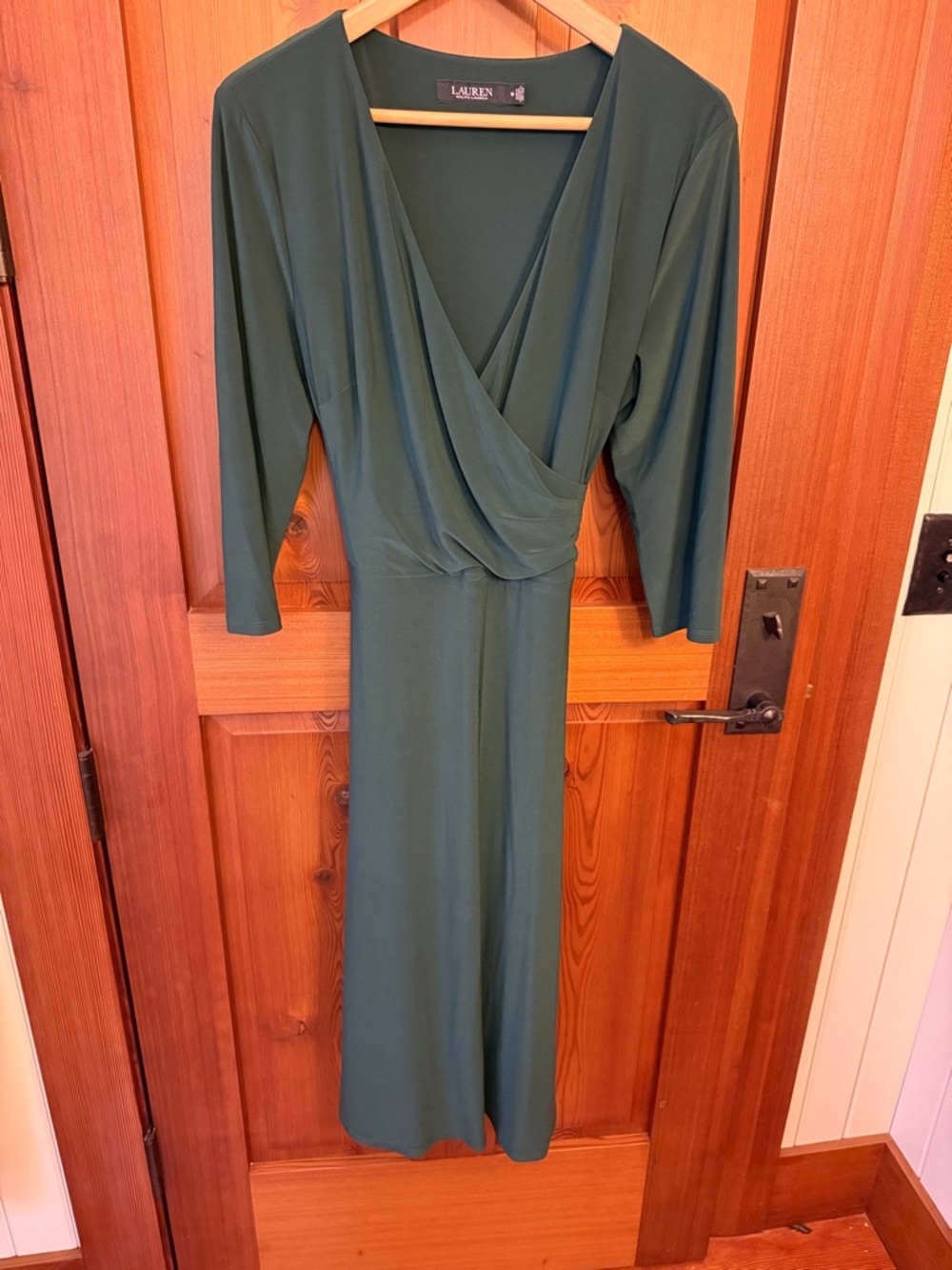 Lauren Ralph Lauren Forest Green Faux-Wrap Long Sleeve Midi Dress